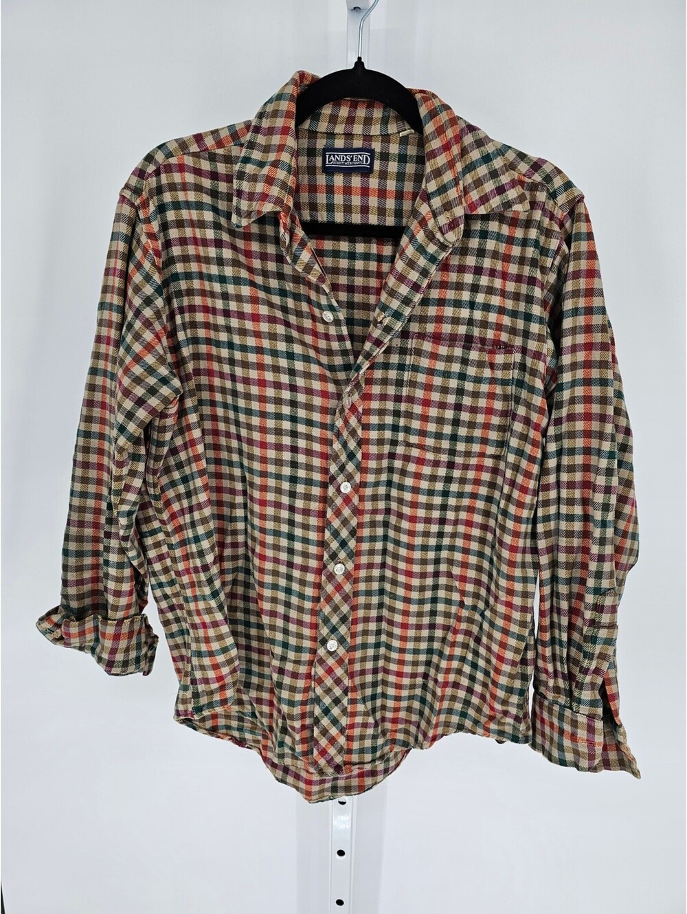 Vtg Lands End Mens Sz L Long Sleeve Thick Knit Button Up Plaid Shirt Colorful